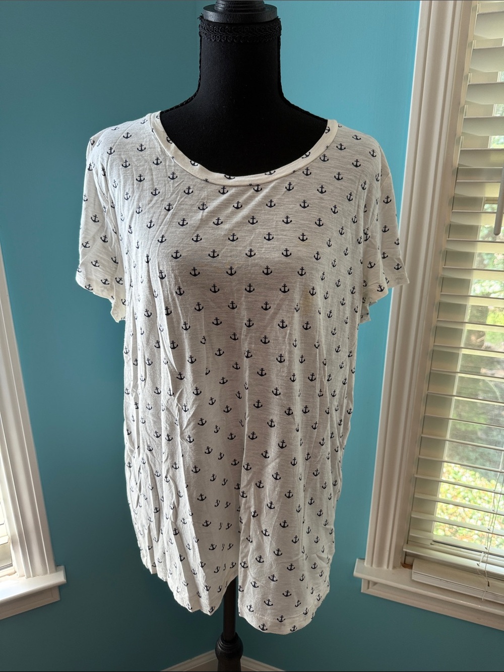 J. Crew White Short Sleeve Tee with Navy Anchor Print